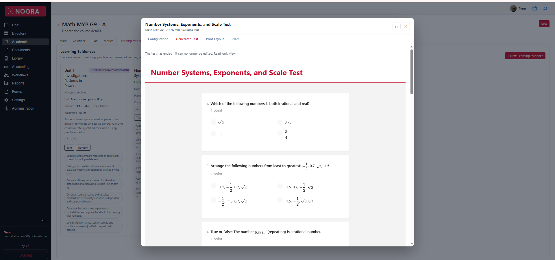 Noora showing an AI-generated mathematics test